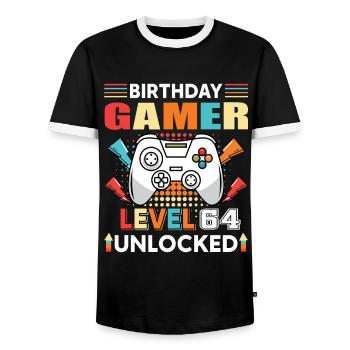 Birthday Gamer Level 64 Unlocked 64 Birthday - Men's Ringer Shirt - black/white - Front - AI Model Female 172 light (172cm) & AI Model Male 178 light (178cm)