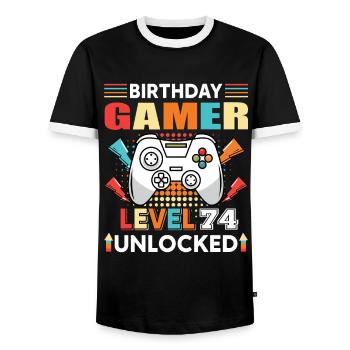 Birthday Gamer Level 74 Unlocked 74 Birthday - Men's Ringer Shirt - black/white - Front - AI Model Female 172 light (172cm) & AI Model Male 178 light (178cm)