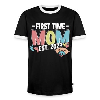 First Time Mom Mom 2023 - Men's Ringer Shirt - black/white - Front - AI Model Female 172 light (172cm) & AI Model Male 178 light (178cm)