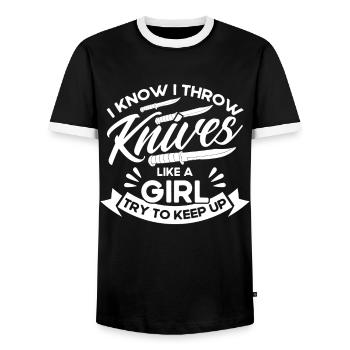 Knife throwing disc gift knife thrower - Men's Ringer Shirt - black/white - Front - AI Model Female 172 light (172cm) & AI Model Male 178 light (178cm)