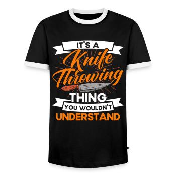 Knife throwing disc gift knife thrower - Men's Ringer Shirt - black/white - Front - AI Model Female 172 light (172cm) & AI Model Male 178 light (178cm)
