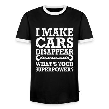 I Make Cars Dissapear Superpower, Abschleppwagen - Männer Kontrast-T-Shirt - Schwarz/Weiß - Vorne - AI Model Female 172 light (172cm) & AI Model Male 178 light (178cm)