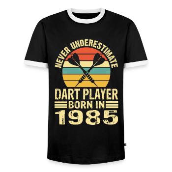 Never Underestimate Dart Player Born In 1985 - Männer Kontrast-T-Shirt - Schwarz/Weiß - Vorne - AI Model Female 172 light (172cm) & AI Model Male 178 light (178cm)