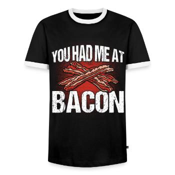 You had me at Bacon - Men's Ringer Shirt - black/white - Front - AI Model Female 172 light (172cm) & AI Model Male 178 light (178cm)