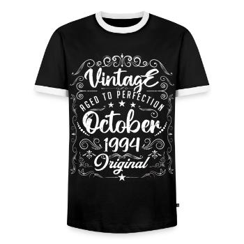 Vintage BORN IN OCTOBER 1994. - Men's Ringer Shirt - black/white - Front - AI Model Female 172 light (172cm) & AI Model Male 178 light (178cm)