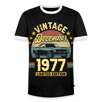 Vintage December 1977 45 years anniversary - Men's Ringer Shirt - black/white - Front - AI Model Female 172 light (172cm) & AI Model Male 178 light (178cm)