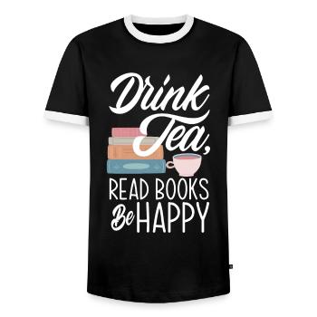 Tea Drinking Books Reading Hobby Gift - Men's Ringer Shirt - black/white - Front - AI Model Female 172 light (172cm) & AI Model Male 178 light (178cm)