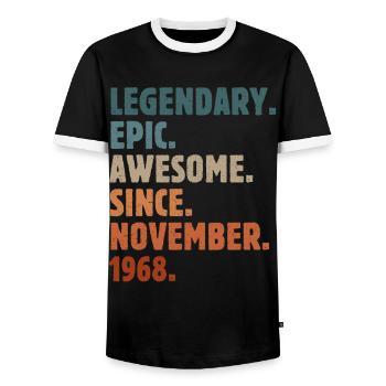 1968 November Vintage Birthday Gift - Men's Ringer Shirt - black/white - Front - AI Model Female 172 light (172cm) & AI Model Male 178 light (178cm)