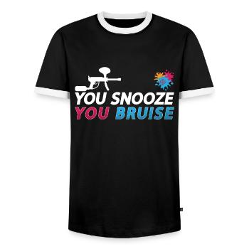 Paintball You Snooze You Splatter Paintball Player - Männer Kontrast-T-Shirt - Schwarz/Weiß - Vorne - AI Model Female 172 light (172cm) & AI Model Male 178 light (178cm)