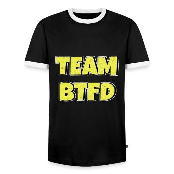 Team BTFD Buy The Dip Crypto Stonk Meme Funny - Men's Ringer Shirt - black/white - Front - AI Model Female 172 light (172cm) & AI Model Male 178 light (178cm)
