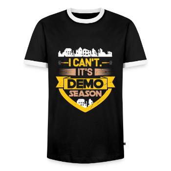 I Can't It's Demo Season, House Demolition - Men's Ringer Shirt - black/white - Front - AI Model Female 172 light (172cm) & AI Model Male 178 light (178cm)