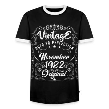 Jahrgang November 1982 - Jubiläumsgeschenk. - Männer Kontrast-T-Shirt - Schwarz/Weiß - Vorne - AI Model Female 172 light (172cm) & AI Model Male 178 light (178cm)