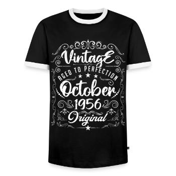 Jahrgang geboren im Oktober 1956 . - Männer Kontrast-T-Shirt - Schwarz/Weiß - Vorne - AI Model Female 172 light (172cm) & AI Model Male 178 light (178cm)