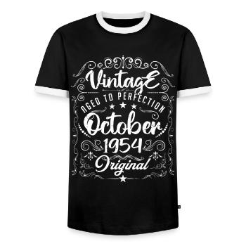 Jahrgang geboren im Oktober 1954 . - Männer Kontrast-T-Shirt - Schwarz/Weiß - Vorne - AI Model Female 172 light (172cm) & AI Model Male 178 light (178cm)