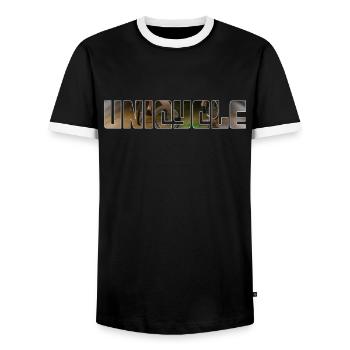 Unicycling - Men's Ringer Shirt - black/white - Front - AI Model Female 172 light (172cm) & AI Model Male 178 light (178cm)