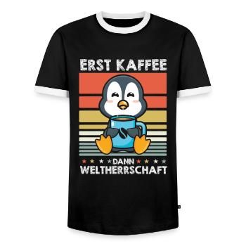 Pinguin Kaffee - Männer Kontrast-T-Shirt - Schwarz/Weiß - Vorne - AI Model Female 172 light (172cm) & AI Model Male 178 light (178cm)