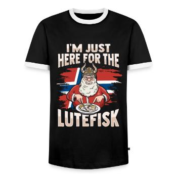 I'm only here for the Lutefisk - Men's Ringer Shirt - black/white - Front - AI Model Female 172 light (172cm) & AI Model Male 178 light (178cm)