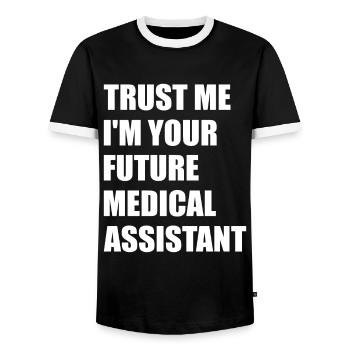 Croyez-moi, je suis votre futur slogan d’assistant médical - T-shirt contrasté Homme - noir/blanc - Devant - AI Model Female 172 light (172cm) & AI Model Male 178 light (178cm)