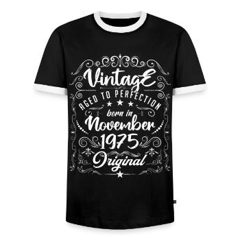 Vintage GEBOREN IM NOVEMBER 1975- Jubiläumsgeschenk. - Männer Kontrast-T-Shirt - Schwarz/Weiß - Vorne - AI Model Female 172 light (172cm) & AI Model Male 178 light (178cm)