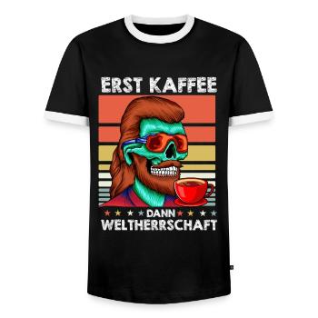 Vokuhila Sonnenbrille Kaffee - Männer Kontrast-T-Shirt - Schwarz/Weiß - Vorne - AI Model Female 172 light (172cm) & AI Model Male 178 light (178cm)