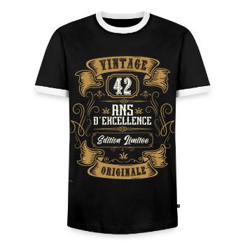 vintage 42 ans, Idée cadeau anniversaire - T-shirt contrasté Homme - noir/blanc - Devant - AI Model Female 172 light (172cm) & AI Model Male 178 light (178cm)