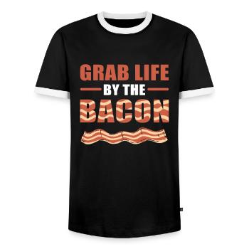 Grab Life By The Bacon Bacon Breakfast Bacon and - Men's Ringer Shirt - black/white - Front - AI Model Female 172 light (172cm) & AI Model Male 178 light (178cm)