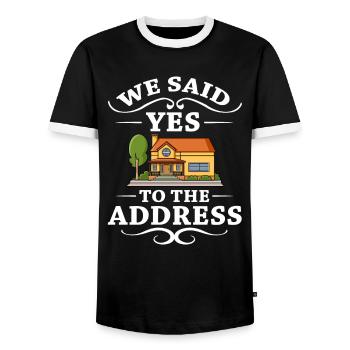 Home Home House Purchase Property - Men's Ringer Shirt - black/white - Front - AI Model Female 172 light (172cm) & AI Model Male 178 light (178cm)