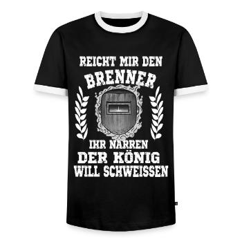 Reicht mir den Brenner ihr Narren der König will - Männer Kontrast-T-Shirt - Schwarz/Weiß - Vorne - AI Model Female 172 light (172cm) & AI Model Male 178 light (178cm)