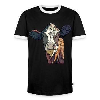 Farmer Cattle Animal Head Motif Print with Bull - Men's Ringer Shirt - black/white - Front - AI Model Female 172 light (172cm) & AI Model Male 178 light (178cm)