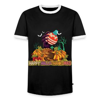 Happy Hello Thanksmas Halloween Thanksgiving Xmas - Men's Ringer Shirt - black/white - Front - AI Model Female 172 light (172cm) & AI Model Male 178 light (178cm)