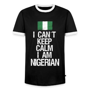 I can not Keep Calm I am Nigerian - Men's Ringer Shirt - black/white - Front - AI Model Female 172 light (172cm) & AI Model Male 178 light (178cm)