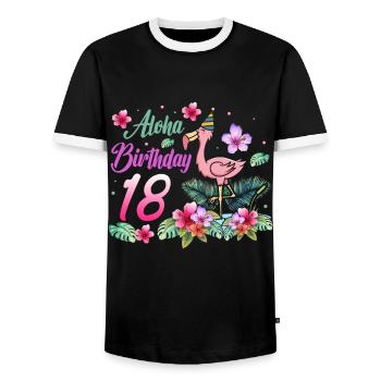 Aloha Birthday 18 Flamingo Bird 18th Birthday - Men's Ringer Shirt - black/white - Front - AI Model Female 172 light (172cm) & AI Model Male 178 light (178cm)