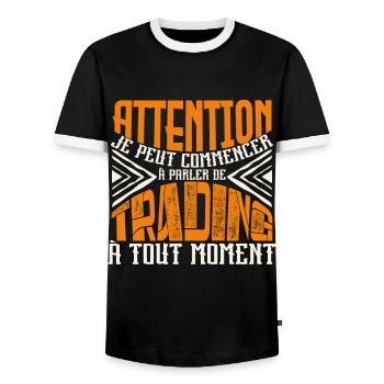 Avertissement, trading à tout moment. - T-shirt contrasté Homme - noir/blanc - Devant - AI Model Female 172 light (172cm) & AI Model Male 178 light (178cm)