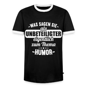 Was sagen Sie als Unbeteiligter zum Thema Humor - Männer Kontrast-T-Shirt - Schwarz/Weiß - Vorne - AI Model Female 172 light (172cm) & AI Model Male 178 light (178cm)
