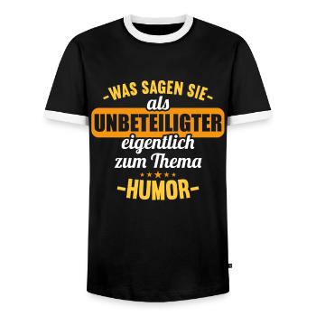 Was sagen Sie als Unbeteiligter zum Thema Humor - Männer Kontrast-T-Shirt - Schwarz/Weiß - Vorne - AI Model Female 172 light (172cm) & AI Model Male 178 light (178cm)