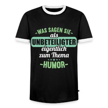 Was sagen Sie als Unbeteiligter zum Thema Humor - Männer Kontrast-T-Shirt - Schwarz/Weiß - Vorne - AI Model Female 172 light (172cm) & AI Model Male 178 light (178cm)