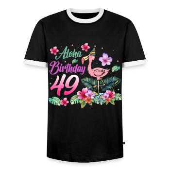 Aloha Birthday 49 Flamingo Bird 49th Birthday - Men's Ringer Shirt - black/white - Front - AI Model Female 172 light (172cm) & AI Model Male 178 light (178cm)