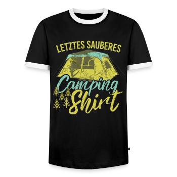 Mein letztes sauberes Oberteil beim Camping - Männer Kontrast-T-Shirt - Schwarz/Weiß - Vorne - AI Model Female 172 light (172cm) & AI Model Male 178 light (178cm)