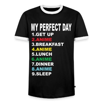 Anime My Perfect Day Anime Anime Series - Men's Ringer Shirt - black/white - Front - AI Model Female 172 light (172cm) & AI Model Male 178 light (178cm)