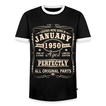 Vintage January January 1950 Birthday - Men's Ringer Shirt - black/white - Front - AI Model Female 172 light (172cm) & AI Model Male 178 light (178cm)