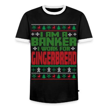Banker Christmas Quote - Men's Ringer Shirt - black/white - Front - AI Model Female 172 light (172cm) & AI Model Male 178 light (178cm)