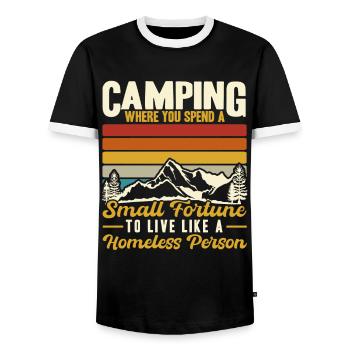 Camping Where You Spend A Small Fortune - Men's Ringer Shirt - black/white - Front - AI Model Female 172 light (172cm) & AI Model Male 178 light (178cm)