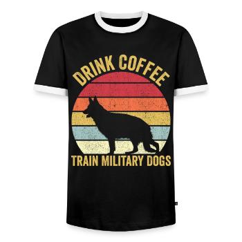Militärischer Hundetrainer Kaffee trinken Vinta - Männer Kontrast-T-Shirt - Schwarz/Weiß - Vorne - AI Model Female 172 light (172cm) & AI Model Male 178 light (178cm)