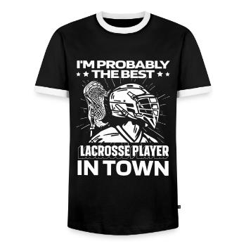 Lacrosse Funny - Men's Ringer Shirt - black/white - Front - AI Model Female 172 light (172cm) & AI Model Male 178 light (178cm)