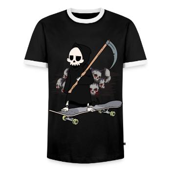 Skateboard Grim Reaper Closing Time End Horror Death - Men's Ringer Shirt - black/white - Front - AI Model Female 172 light (172cm) & AI Model Male 178 light (178cm)