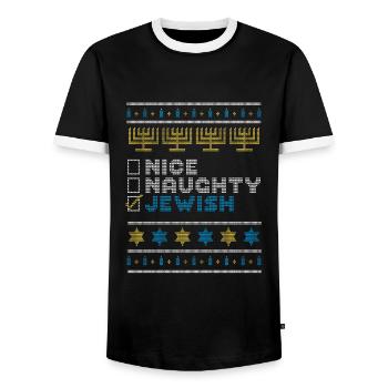 Nice Naughty Jewish, Hanukkah Jewish Sweater - Men's Ringer Shirt - black/white - Front - AI Model Female 172 light (172cm) & AI Model Male 178 light (178cm)