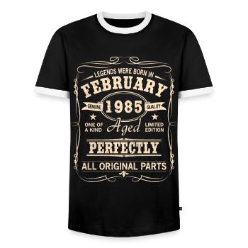 Millésime Février 1985 Anniversaire - T-shirt contrasté Homme - noir/blanc - Devant - AI Model Female 172 light (172cm) & AI Model Male 178 light (178cm)