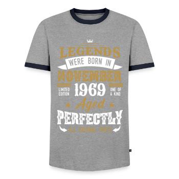 Born November 1969 Birthday Gift - Men's Ringer Shirt - grey/navy  - Front - AI Model Female 172 light (172cm) & AI Model Male 178 light (178cm)