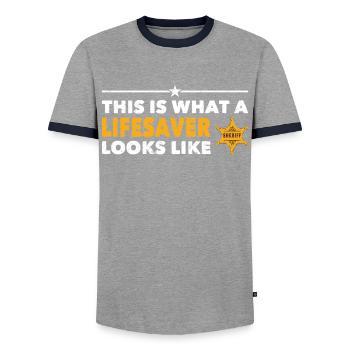 Policeman This Is What Lifesaver Looks Like Police - Men's Ringer Shirt - grey/navy  - Front - AI Model Female 172 light (172cm) & AI Model Male 178 light (178cm)