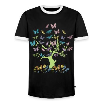 Colorful Butterflies Forest Nature Trees Conservation - Men's Ringer Shirt - black/white - Front - AI Model Female 172 light (172cm) & AI Model Male 178 light (178cm)